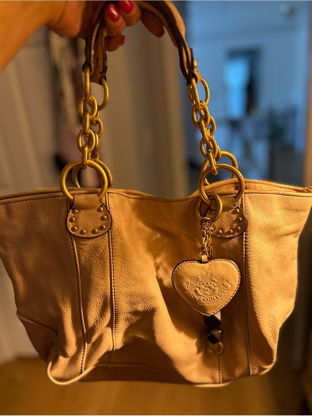 Women’s Leather Tote Bag in Tan with Heart Charm